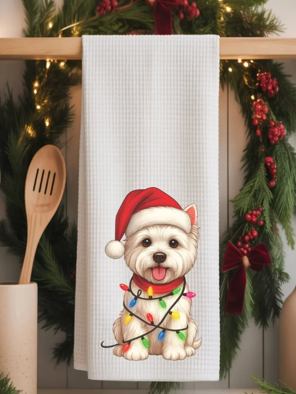 Westie Christmas Lights Decorative Kitchen Tea Towel